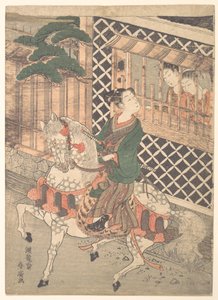 Fiatal szamuráj lóháton és nők egy ablaknál alkotó: Isoda Koryusai