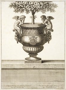 Citrusfákhoz használt bronz urnák, illusztráció a „Versailles nézetei és tervei”, Párizs, 1664-89 körül (metszet) alkotó: Israel the Younger (after) Silvestre