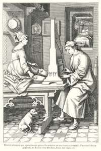 Német zenész hordozható orgonán, 15. század végén (litho) alkotó: Israel van (after) Mecken