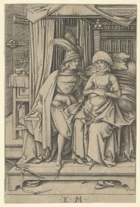 Ágyon ülő pár, a Scenes of Daily Life,.n.d. alkotó: Israhel van Meckenem