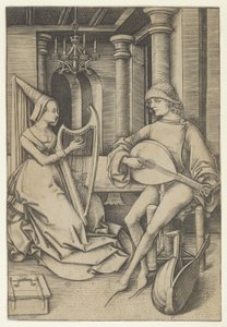Lantos és hárfás, a Scenes of Daily Life,.n.d. alkotó: Israhel van Meckenem