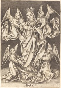 A Madonna és a gyermek a félholdon négy angyal által támogatott alkotó: Israhel van Meckenem