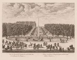 Kilátás a Versailles-i palotára, a sikátor és a Sárkány szökőkút oldaláról, 1676.