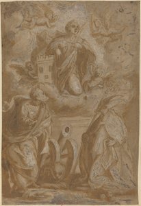 Szent Borbála a dicsőségben Szent Miklóssal és Jeromossal alkotó: Italian 16th Century
