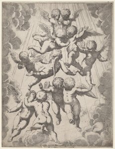 Angyalok csoportja a dicsőségben alkotó: Italian 17th Century, after Guido Reni, after Luca Cambiaso