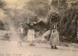 Gazdák fakötegeket cipelnek a fejükön, Paola, Calabria, Leopoldo Menarini fotója, 1910 körül. alkotó: Italian Photographer