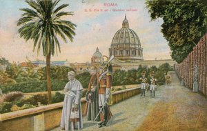 Pius pápa a Vatikán kertjében, Rómában. 1913-ban feladott képeslap. alkotó: Italian Photographer