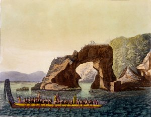 Maori erődített kilátó Új-Zélandon, maori háborús kenuval kombinálva, 1820-30-as évek (kézzel színezett akvatinta) alkotó: Italian School