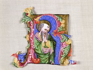 A Praying Saint, egy nagy historikus kezdőbetű, R, 1400 körül (történelmi iniciálé, pergamenre vágott antifonálból) alkotó: Italian School