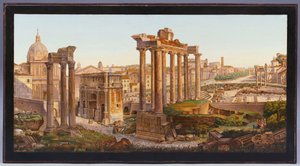 Római mikromozaik asztallap figurákkal kirakott Castor és Pollux temploma előtt a Forum Romanumban alkotó: Italian School