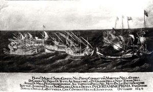 Tengeri csata a velencei flotta között Francesco Morosini (1618-94) tábornok vezetésével a törökök ellen Kréta partjainál, 1645. október (olaj, vászon) (fekete-fehér fotó) alkotó: Italian School