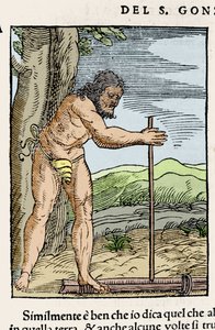 Egy bennszülött férfi, aki tüzet gyújt két fadarab dörzsölésével. Giovanni Battista Ramusio (1485-1557) „” Navigationi és Viaggi” című metszete, vol. III, Velence 1565. alkotó: Italian School