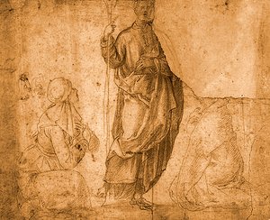 Egy szent két térdelő nővel (piros kréta papíron) alkotó: Italian School