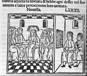 Egy apáca szerelmének története. Illusztráció a „Dekameron” 82. híréhez (a kilencedik nap új 2. számához), Giovanni Boccaccio dit Jean Boccaccio (1313-1375) olasz írótól. Gravírozás: „” Decamerone ouer Cento nouelle”” Velence, Bartolomeo de 