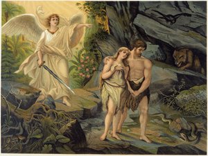 Ádámot és Évát az arkangyal kiűzte a földi paradicsomból (Éden) - Giovanni Ladislao Sykora (1. kötet) "" Golden Classical Bible: History of Divine Revelation in the Ancient and New Tension" című könyvében, Don Clemente Benetti fordításában. (Olasz Biblia alkotó: Italian School