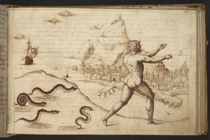 Hozzáadás. 82955, f.133   Emberi alakot kergető kígyók.  , a Historia Animaliumtól, (245 különböző állatfajtáról és mitikus lényről készült toll- és tusrajzból áll, mindegyikhez leírás tartozik.)    1595 alkotó: Italian School