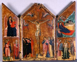 Oltári triptichon a keresztrefeszítéssel és más jelenetekkel, 1320 körül (tempera fán)