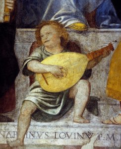 Angyal zenész lanton játszik. Egy milánói templom 17. századi freskójának részlete. alkotó: Italian School