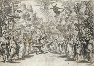 Apolló megtámadni készül a pitont, Girolamo Bargagli La Pellegrinából, Carracius metszet alkotó: Italian School