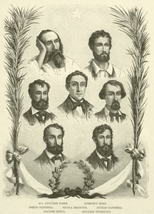 Avv Anacarsi Nardi, Domenico Moro, Emilio Bandiera, Nicola Ricciotti, Attilio Bandiera, Giacomo Rocca, Giovanni Venerucci (metszet) alkotó: Italian School