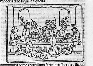 Bankett jelenet a firenzei nemesség tagjainak jelenlétében. Illusztráció a „Dekameronhoz”, Giovanni Boccaccio dit Jean Boccace (1313-1375), olasz író. Metszet „" Decamerone ouer Cento nouelle"" Velence, Bartolomeo de 
