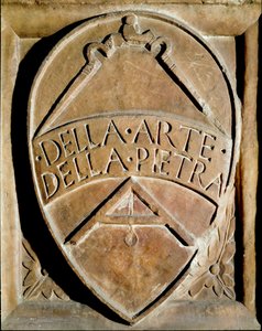 A kőmunkások gyülekezetének lángja. Egy iránytű és egy négyzet látható. 14. századi Siena, Biblioteca degli Intronati alkotó: Italian School