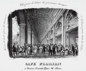 Caffe Florian a velencei San Marco téren, metszet, Olaszország alkotó: Italian School