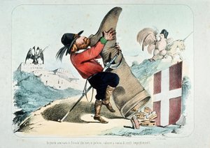 Giuseppe Garibaldi koronákkal teli csizmát kiürítő karikatúrája (Olaszország), Litografia Perrotta alkotó: Italian School