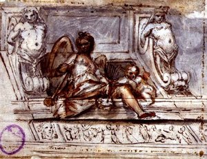 Mennyezeti kialakítás a Zene Múzsájával, 1700 körül (toll és tinta akvarellel papíron) alkotó: Italian School