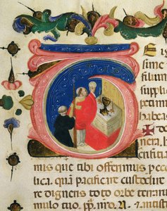 Eucharisztia ünnepe, a Szent Jeromos világi céh egyik Mariegolájából, 1400 körül (tinta és aranylevél pergamen) alkotó: Italian School