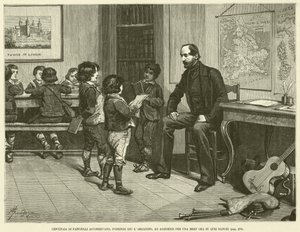 Gyermekek százai futnak, lerakják az orgonát, leülnek egy fél órára a padokra (metszet) alkotó: Italian School