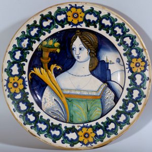 Deruta decoree kerámia tányér női portréval. 1510 körül Sevres. Porcelán gyártás alkotó: Italian School