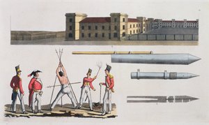 Chatham Barracks, a Triangle és Congreve Rockets nevű katonai büntetés, 17. lemez a Nemzetek története című könyvből (akvatinta) alkotó: Italian School