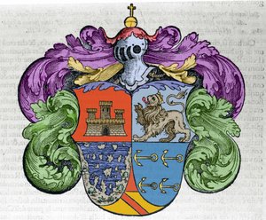 Kolumbusz Kristóf (1451-1506) hajós címere: az ecu négy része a tetején Kasztília és León városát, alatta a fedetlen szigeteket és az admiraut jelképes horgonyait ábrázolja. Metszet a „Navigationi és Viaggi” című könyvből alkotó: Italian School
