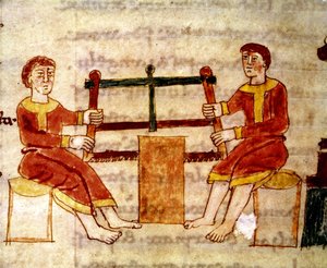 Codex 132 Livre 14, 25. fejezet: Két férfi fát fűrészel, Rabanus Maurus (780-856 körül) a De Universóból, 1023 alkotó: Italian School