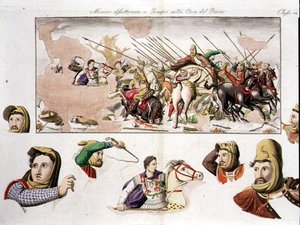 Az Alexander-mozaik másolata a Pompei-i Faunházból, 10. tábla, 6. osztály a „Nemzetek története” I. részéből (akvatinta) alkotó: Italian School