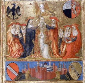 II. Pius koronázása (Enea Silvio Piccolomini) (1405-1464). olasz pápa (1458-1464). A földszinten található Siena erődvárosa. Bicherna (Siena város számviteli anyakönyvének borítója) 1460-ból. Nemzeti Levéltár - Museo delle Tavolette de B alkotó: Italian School