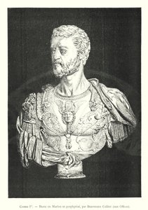 I. Cosimo, Márvány és porfír mellszobra, Benvenuto Cellini, az Uffiziben (metszet) alkotó: Italian School