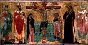 Keresztre feszítés és szentek A venetói bizánci iskola névtelen művészének fafestménye. Homályos. 61x113 cm Velence, Museo Correr, n. 381 alkotó: Italian School