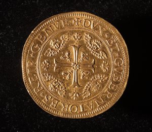 A Gének Köztársaság pénzneme: 25 arany dupla érme. Átm.52,5 mm. 1694. Elöl. Strada Nuova génmúzeumai (6457. szám) alkotó: Italian School