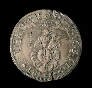 A Gének Köztársaság pénzneme: ECU széles ezüstben. Átm. 61 mm. 1693. vissza. Genes Musei di Strada Nuova (l., M7097) alkotó: Italian School