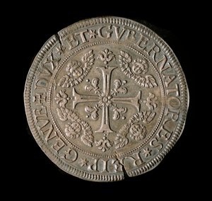A Gének Köztársaság pénzneme: ECU széles ezüstben. Átm. 61 mm. 1693. eleje. Genes Musei di Strada Nuova (l., M7135) alkotó: Italian School