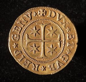 A Gének Köztársaságának pénzneme: öt arany doppie érme. Átm. 41 mm. 1642. Elöl. Genes Musei di Strada Nuova alkotó: Italian School