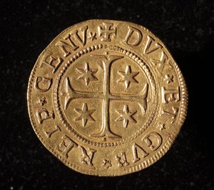 A Gének Köztársaságának pénzneme: öt arany doppie érme. Átm. 41 mm. 1652. Elöl. Genes Musei di Strada Nuova alkotó: Italian School