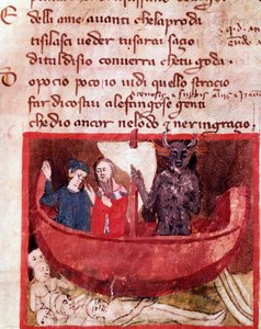Dante és Virgil a Phlegyas hajón találkozik Filippo Argentival (8. dal a pokolból, az Isteni színjátékban) - miniatűr alkotó: Italian School