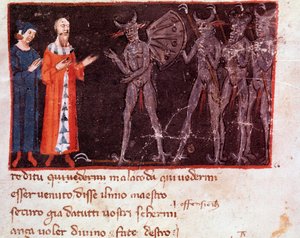 Dante és Virgil Malacodával, a Malebranche osztagok vezetőjével beszélget (21. ének a pokolból, az Isteni színjátékban) - miniatűr alkotó: Italian School