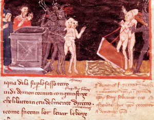 Dante és Virgil a striciktől és csábítóktól körülvéve (18. dal a pokolból, az Isteni színjátékban) - Miniatűr alkotó: Italian School