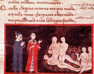 Dante és Vergilius az erőszakoskodóktól körülvéve (14. ének a pokolból, az Isteni színjátékban) - miniatűr XIV. alkotó: Italian School
