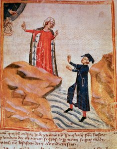 Dante találkozik Matheldával a Lethe partján (28. dala a Purgatóriumból, az Isteni színjátékban) - Minature alkotó: Italian School