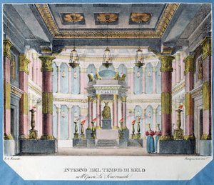 Dekoráció Christoph Gluck (1714-1787) La Semiramide című operájához (Ch. Gluck La Semiramide című operájának színpadterve). Színes litográfia, névtelen, 1790 körül. Olasz művészet, színházi dekoráció. Állami Színház- és Zeneművészeti Múzeum, Szentpétervár. alkotó: Italian School